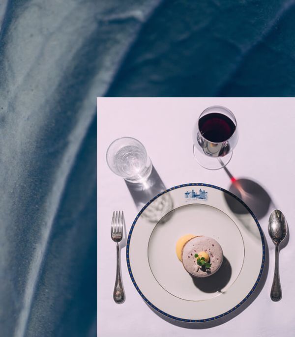 Gourmet dish with a glass of wine seen from above